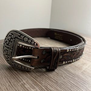 Ariat Women's Dark Brown with Floral Tooling and Studs Trim Belt Small
